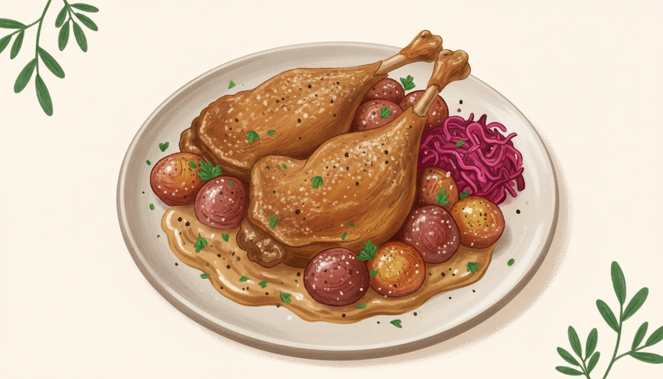 Illustration af sprøde confiterede andelår med brunede kartofler